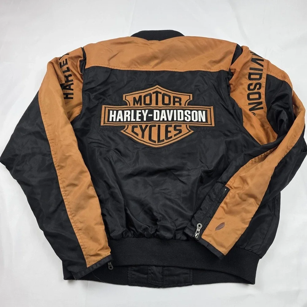 Harley-Davidson Jacket Mens Large Black Orange Bomber Nylon Motorcycle Biker